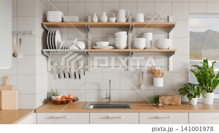 3D Illustration of Modern Scandinavian Kitchen with Open Shelves, White Dishware, and Wooden Countertop 3D Illustration of Modern Scandinavian Kitchen with Open Shelves, White Dishware, and Wooden Countertop 141001978