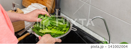 Hands are holding a colander filled with fresh organic local vegetables under running water in a kitchen sink. This is done to clean the produce before cooking, banner 141002004