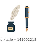 Classic writing tools featuring a fountain pen, feather quill, and ink bottle 141002218