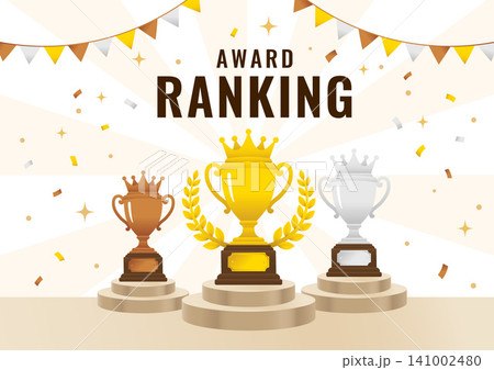 アワードランキング 表彰台とトロフィー 授賞式イラスト背景 A4横 アワードランキング 表彰台とトロフィー 授賞式イラスト背景 A4横 141002480
