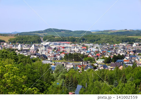 春の北海道、六月の北海道、美瑛の森、憩ケ森公園、美瑛の憩いの森、美瑛町の街中にある十勝岳連峰と街を見 春の北海道、六月の北海道、美瑛の森、憩ケ森公園、美瑛の憩いの森、美瑛町の街中にある十勝岳連峰と街を見 141002559