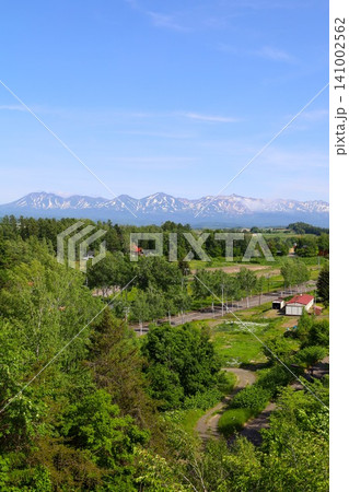 春の北海道、六月の北海道、美瑛の森、憩ケ森公園、美瑛の憩いの森、美瑛町の街中にある十勝岳連峰と街を見 春の北海道、六月の北海道、美瑛の森、憩ケ森公園、美瑛の憩いの森、美瑛町の街中にある十勝岳連峰と街を見 141002562