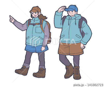 アウトドアを楽しむ笑顔の男女カップルのイラスト アウトドアを楽しむ笑顔の男女カップルのイラスト 141002723