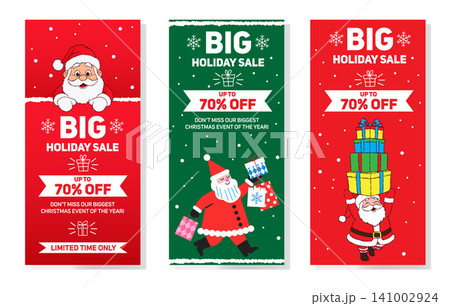 お祝いムードあふれるクリスマスホリデーセール用バナーセット。陽気なサンタクロースのイラストとカラフル お祝いムードあふれるクリスマスホリデーセール用バナーセット。陽気なサンタクロースのイラストとカラフル 141002924