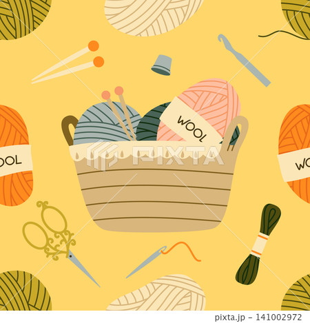 Knitting seamless pattern with wool basket vector Knitting seamless pattern with wool basket vector 141002972