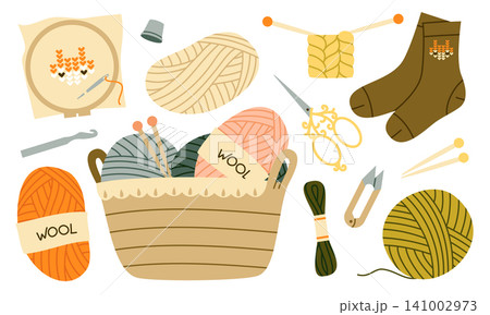 Knitting and embroidery cozy vector elements set Knitting and embroidery cozy vector elements set 141002973