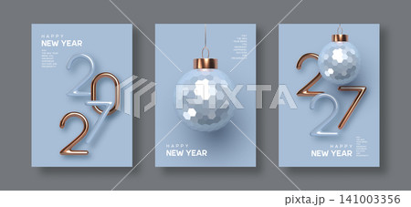 2027 New Year greeting cards, flyers, posters. 3d metallic golden or copper with blue numbers and glossy ball on blue background. Gold realistic 2027. Vector illustration. 141003356