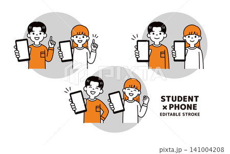 スマートフォンの大きな画面を見せる、高校生・大学生の男女の上半身ベクターイラスト素材セット スマートフォンの大きな画面を見せる、高校生・大学生の男女の上半身ベクターイラスト素材セット 141004208