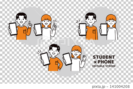 スマートフォンの大きな画面を見せる、高校生・大学生の男女の上半身ベクターイラスト素材セット スマートフォンの大きな画面を見せる、高校生・大学生の男女の上半身ベクターイラスト素材セット 141004208
