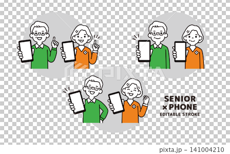 A set of vector illustrations showing an elderly couple, a senior man, and a senior woman with large smartphone screens. A set of vector illustrations showing an elderly couple, a senior man, and a senior woman with large smartphone screens. 141004210