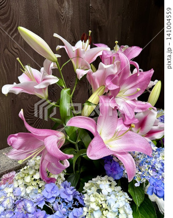 大輪の百合と紫陽花の花手水〈菅生神社/愛知県岡崎市〉 大輪の百合と紫陽花の花手水〈菅生神社/愛知県岡崎市〉 141004559