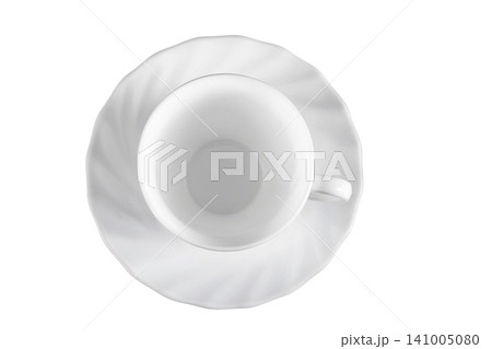 Ceramic cup and saucer isolated on white background. Top view. Flat lay Ceramic cup and saucer isolated on white background. Top view. Flat lay 141005080