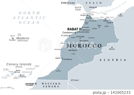 Morocco, gray political map with capital Rabat. Kingdom in the Maghreb region of North Africa, with Spanish exclaves, and coastlines on the Mediterranean Sea and Atlantic Ocean. Illustration. Vector Morocco, gray political map with capital Rabat. Kingdom in the Maghreb region of North Africa, with Spanish exclaves, and coastlines on the Mediterranean Sea and Atlantic Ocean. Illustration. Vector 141005233