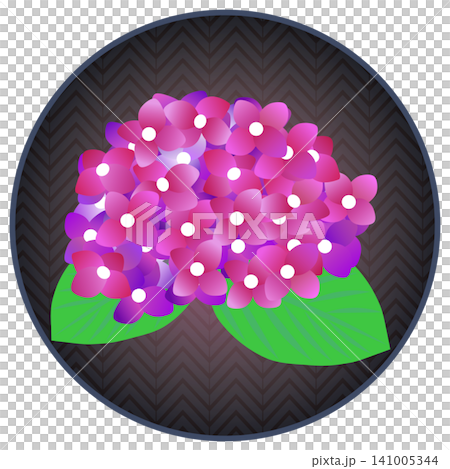 An illustration of a reddish-purple hydrangea with a circular background. An illustration of a reddish-purple hydrangea with a circular background. 141005344