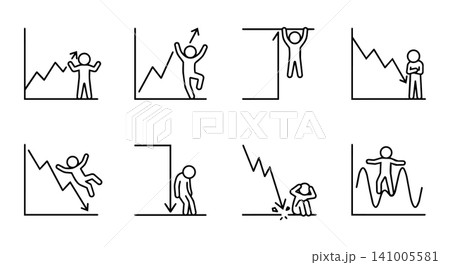Stock market trend icon set with stick figure business people. Financial graph fluctuations, bull and bear profit or loss concept. 141005581