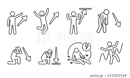 Stick figure business people icon set. Financial success and failure, stock market trend graph, profit and crash emotional reactions concept. 141005584