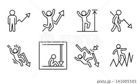 Stick figure business people icon set. Financial success and failure, stock market trend graph, profit and crash emotional reactions concept. 141005585