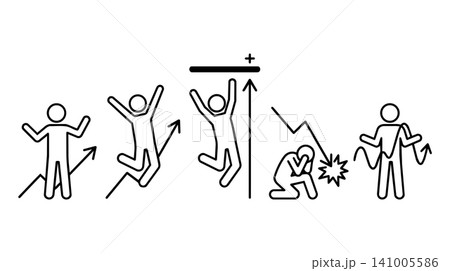Stick figure business people icon set. Financial success and failure, stock market trend graph, profit and crash emotional reactions concept. 141005586
