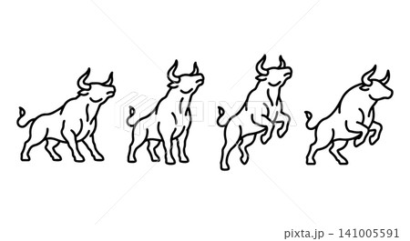 Bull charging and jumping line icon set. Stock market trend financial growth concept, minimalist strong bull vector illustration. 141005591