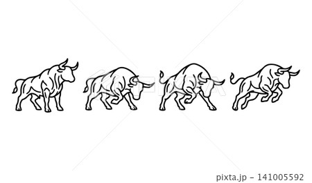 Bull charging and jumping line icon set. Stock market trend financial growth concept, minimalist strong bull vector illustration. 141005592