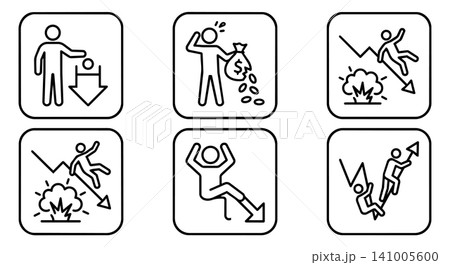 Stock market crash and financial crisis icon set with stick figures. Business investment loss, money drainage and risk concept. 141005600