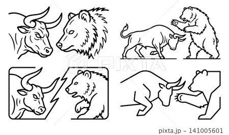 Bull and bear market line icon set. Stock market trend financial competition concept, minimalist strong bull and bear vector illustration. Bull and bear market line icon set. Stock market trend financial competition concept, minimalist strong bull and bear vector illustration. 141005601