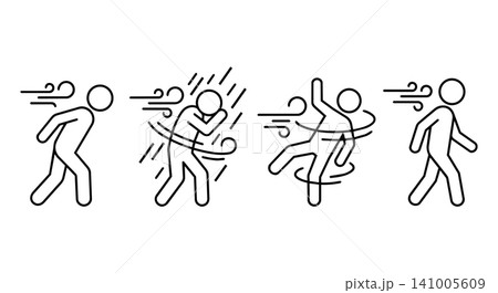 Stick figure in strong wind vector icon set. People walking in storm, heavy rain and typhoon, minimalist line art illustration. Stick figure in strong wind vector icon set. People walking in storm, heavy rain and typhoon, minimalist line art illustration. 141005609