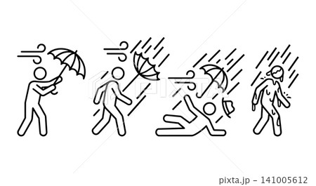 Stick figure in strong wind vector icon set. People walking in storm, heavy rain and typhoon, minimalist line art illustration. Stick figure in strong wind vector icon set. People walking in storm, heavy rain and typhoon, minimalist line art illustration. 141005612