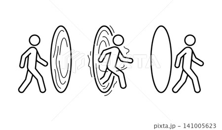 Walking through portal and time tunnel concept, stick figure sci-fi dimension vector illustration set Walking through portal and time tunnel concept, stick figure sci-fi dimension vector illustration set 141005623