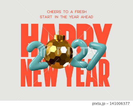Happy New Year 2027 greeting with shiny green numbers, golden ball, and bold red typography on light background. Modern festive design for winter holiday celebration. Vector illustration. Happy New Year 2027 greeting with shiny green numbers, golden ball, and bold red typography on light background. Modern festive design for winter holiday celebration. Vector illustration. 141006377