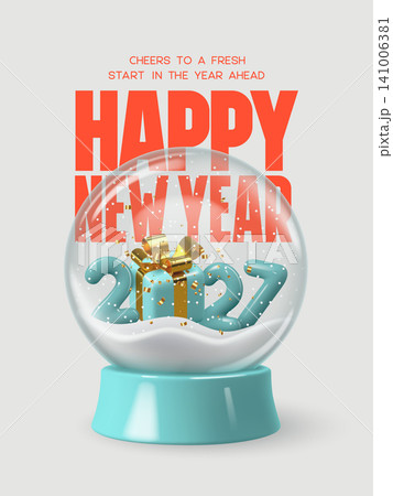 Happy New Year 2027 greeting card with glass snowglobe, golden gift box, snow, and festive confetti. Modern holiday design with red typography and winter decoration. Vector illustration. 141006381