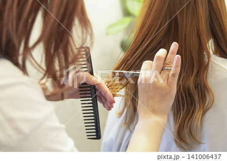後ろ姿で見る美容師のヘアカット施術シーン 後ろ姿で見る美容師のヘアカット施術シーン 141006437