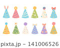 Collection of colorful party hats with playful patterns and decorative toppers including flowers, stars, hearts, bunny ears, bows, and bones 141006526