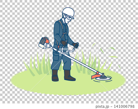 草刈り機を使って雑草を狩る業者のイラスト 141006798