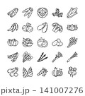 Vegetable icon set featuring fresh farm vegetables, healthy ingredients, and organic food elements in clean line style. Suitable for grocery apps, restaurant menus, packaging projects. 141007276