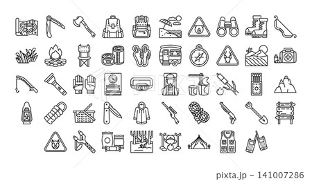 Adventure icon set featuring camping gear, hiking equipment, navigation tools, survival essentials, and outdoor exploration elements in clean line style for travel, tourism, and nature projects. 141007286