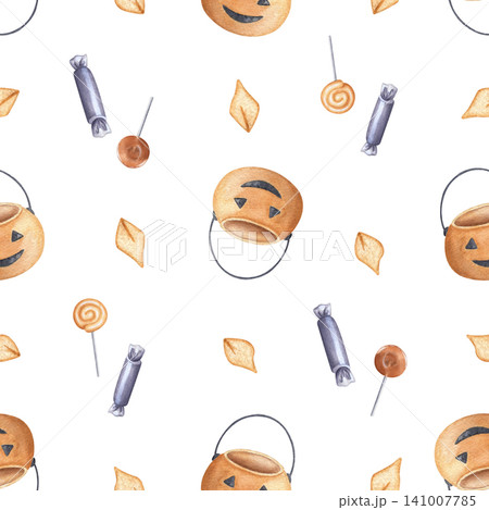 Seamless pattern with basket, candies and autumn leaves watercolor illustration isolated on white background. Hand drawn backdrop with realistic festive elements. Perfect for textile prints and wrappi Seamless pattern with basket, candies and autumn leaves watercolor illustration isolated on white background. Hand drawn backdrop with realistic festive elements. Perfect for textile prints and wrappi 141007785