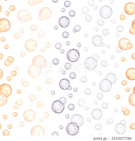 Orange and purple bubbles rising up seamless pattern watercolor illustration isolated on white background. Hand drawn whimsical backdrop in soft pastel tones. Perfect for baby shower design and wrappi 141007786