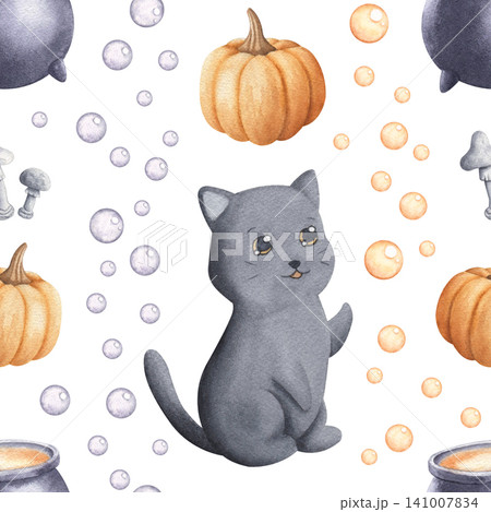 Seamless pattern with cats, pumpkins, cauldrons and bubbles watercolor illustration isolated on white background. Hand drawn backdrop with cartoon festive elements. Ideal for textile prints and packag Seamless pattern with cats, pumpkins, cauldrons and bubbles watercolor illustration isolated on white background. Hand drawn backdrop with cartoon festive elements. Ideal for textile prints and packag 141007834
