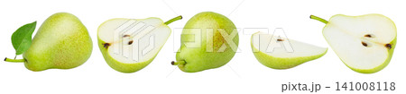 Isolated pears and slices. Collection of whole pear with green leaf and half of pear fruits and slice with leaves isolated. Isolated pears and slices. Collection of whole pear with green leaf and half of pear fruits and slice with leaves isolated. 141008118