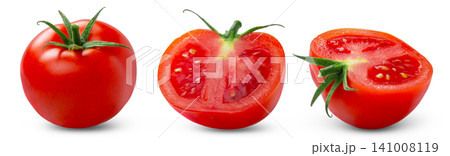 isolated ripe tomato collection. Fresh cut in half of tomatoes isolated on white background. Not AI, real retouched photo. isolated ripe tomato collection. Fresh cut in half of tomatoes isolated on white background. Not AI, real retouched photo. 141008119