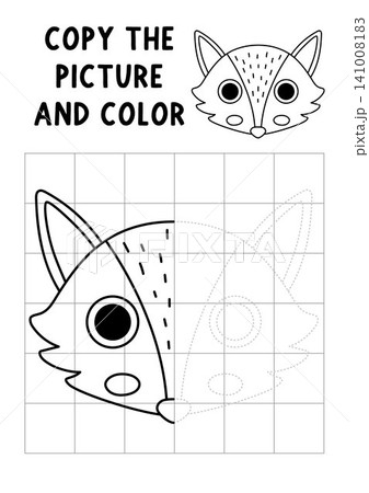Complete fox face. Black and white vector symmetrical drawing practice worksheet. Line woodland activity for kids. Draw second half. Copy picture game, coloring page with forest animal head Complete fox face. Black and white vector symmetrical drawing practice worksheet. Line woodland activity for kids. Draw second half. Copy picture game, coloring page with forest animal head 141008183