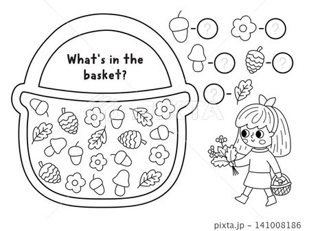 Forest I spy game for kids. Black and white searching and counting activity shaped as basket with girl, cones, acorns, leaves. Woodland line printable worksheet, coloring page for children 141008186