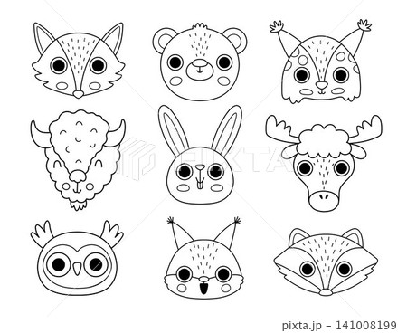 Vector cartoon black and white forest animals faces set. Funny bear, fox, lynx, elk, raccoon head clipart. Cute line rabbit, owl, squirrel muzzle icon for kids. Wildlife illustration, coloring page Vector cartoon black and white forest animals faces set. Funny bear, fox, lynx, elk, raccoon head clipart. Cute line rabbit, owl, squirrel muzzle icon for kids. Wildlife illustration, coloring page 141008199