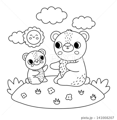 Vector black and white bear with baby on lawn under sun. Cute cartoon woodland family scene illustration for kids. Forest animals background. Line mother and baby coloring page Vector black and white bear with baby on lawn under sun. Cute cartoon woodland family scene illustration for kids. Forest animals background. Line mother and baby coloring page 141008207