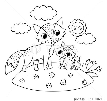 Vector black and white fox with baby on lawn under sun. Cute cartoon woodland family scene illustration for kids. Line forest animals background. Mother and baby coloring page 141008210