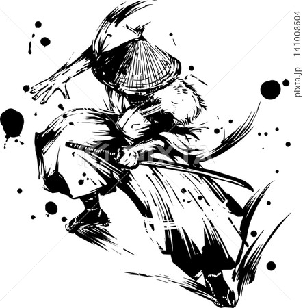 刀を抜く侍の墨絵イラスト 141008604