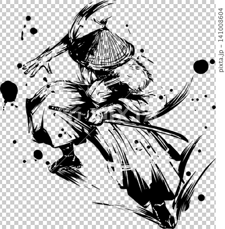 刀を抜く侍の墨絵イラスト 141008604