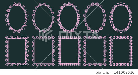 Lace frame edge with border scallop heart and trim circle square. Oval antique pattern with wavy lace scalloped and ruffle decorative drawn. Mat red lace with simple frill border and frame 141008616