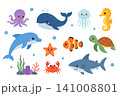 Collection of adorable sea animals featuring octopus, whale, jellyfish, seahorse, dolphin, clownfish, sea turtle, shark, starfish, crab, coral, and seaweed 141008801
